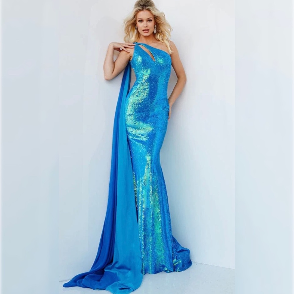 Jovani 08012 MAKE AN OFFER iridescent blue one shoulder  cape pageant gown